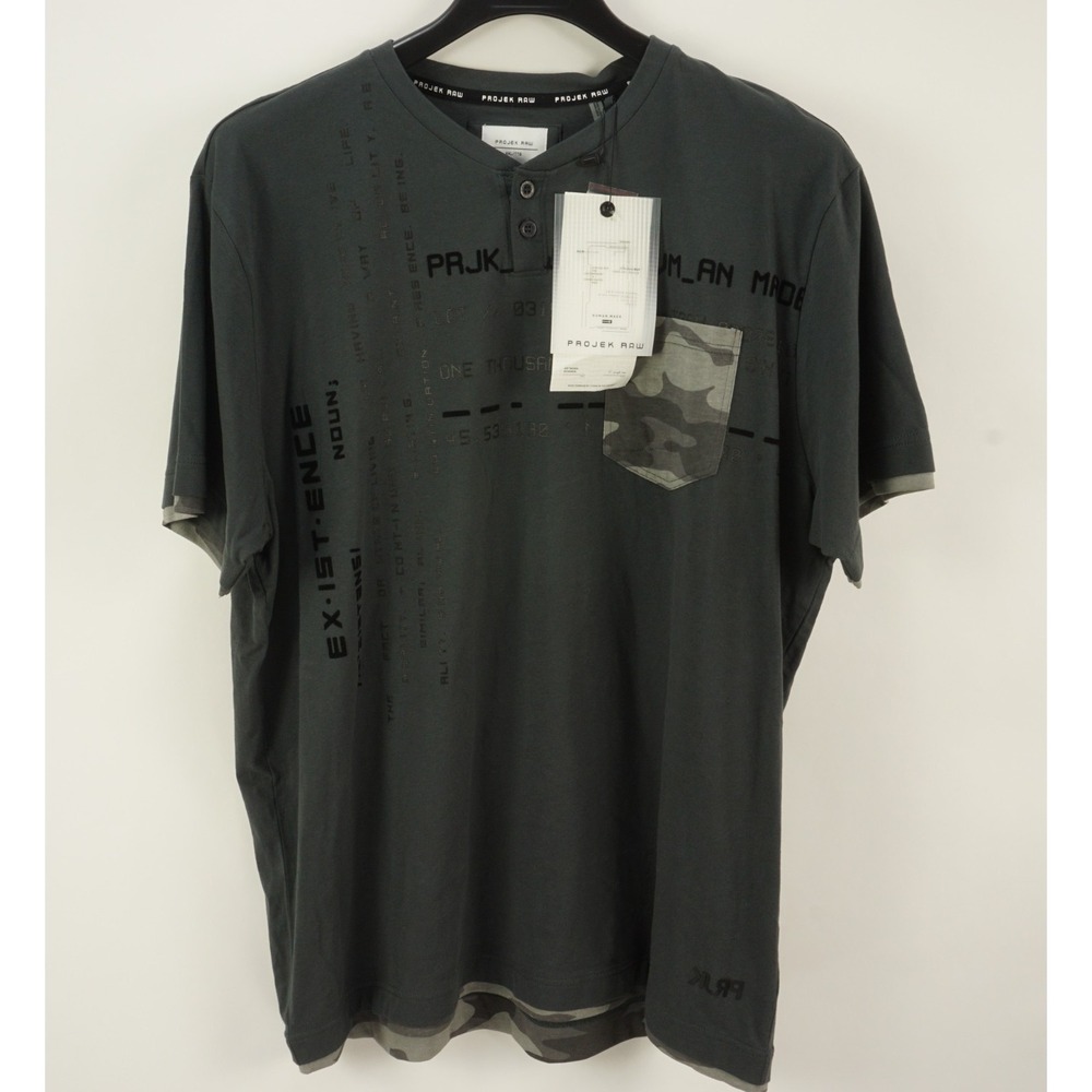 New Projek Raw Men's 2XL Short Sleeve Gray Cotton Big Logo Pocket‎ Henley Shirt